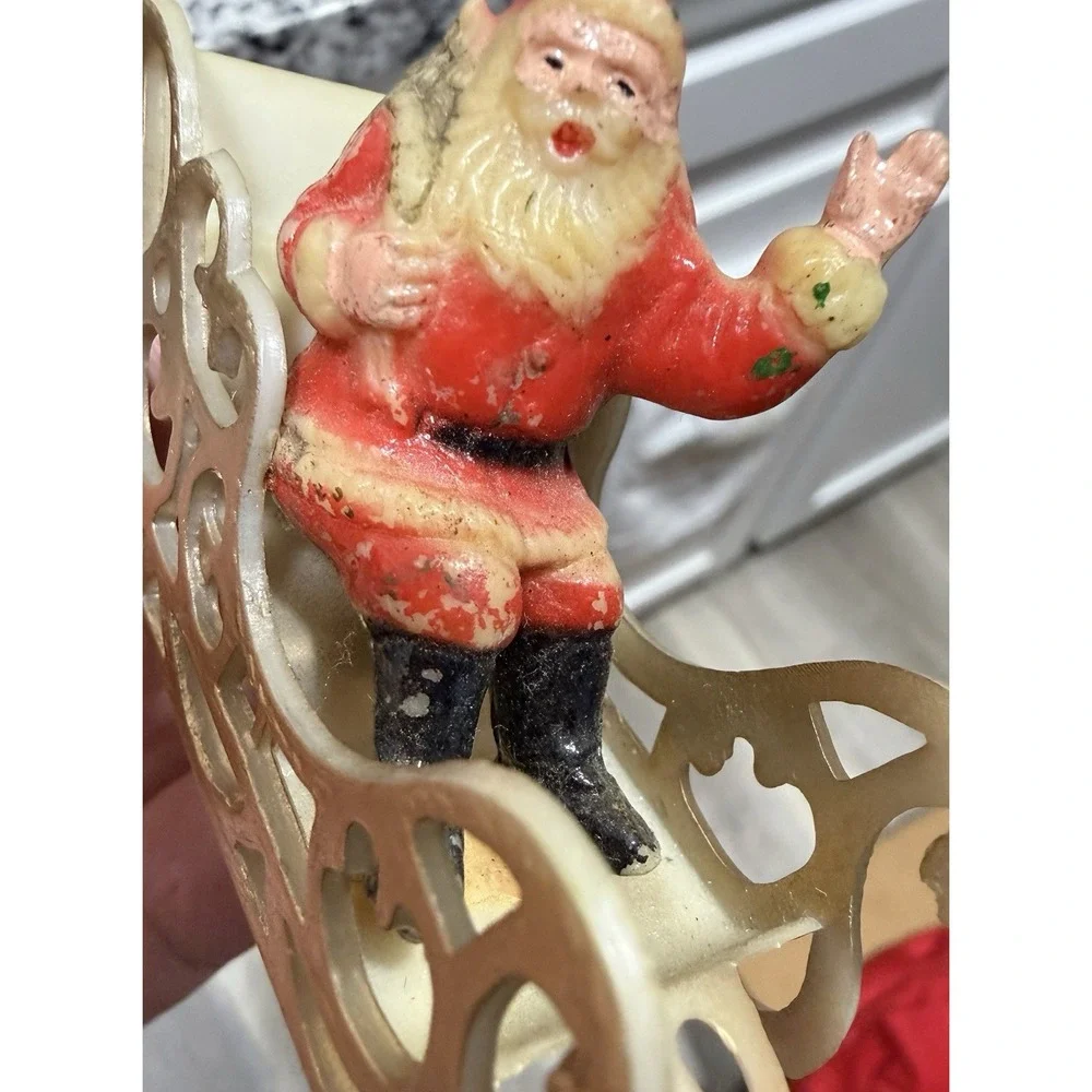 Vintage Plastic Santa Claus Sleigh Christmas Ornament Decor Hong Kong